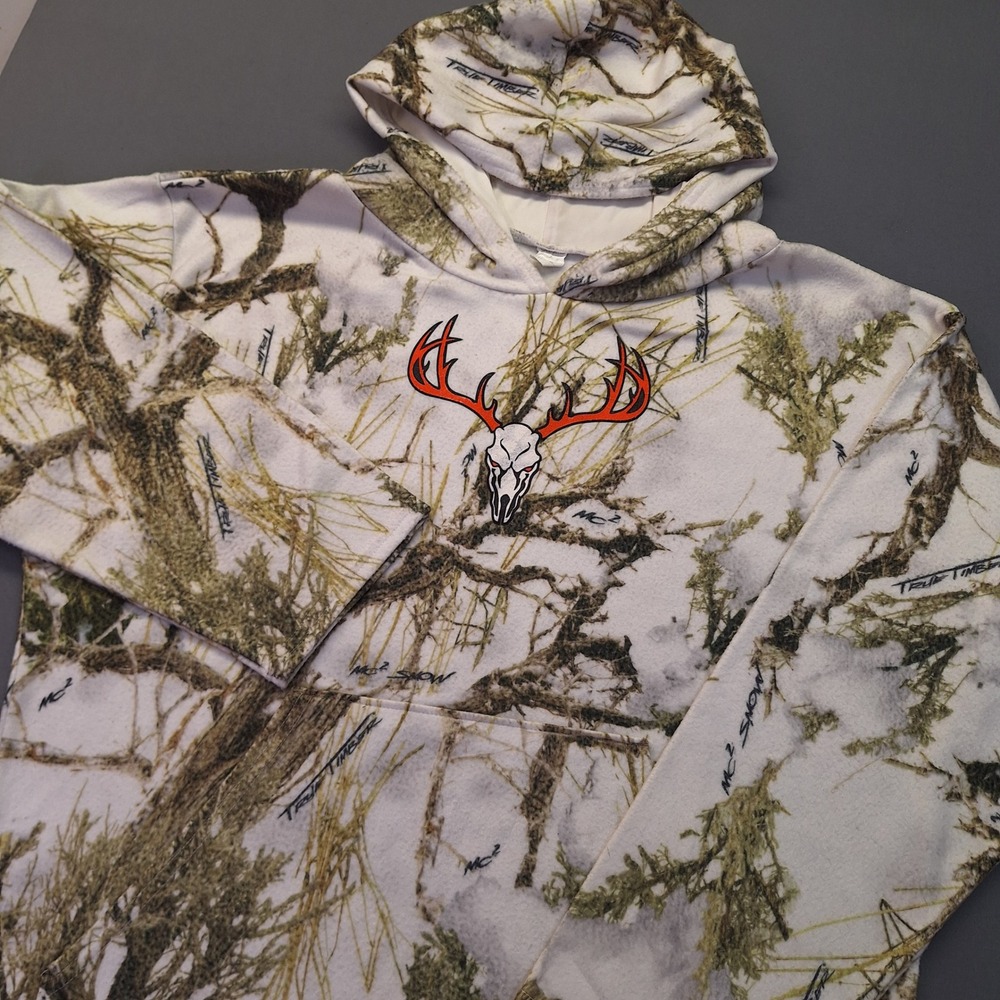 TrueTimber MC2 Snow Camo Fleece Hoodie Mens Large Deer Skull Graphic Made in USA
